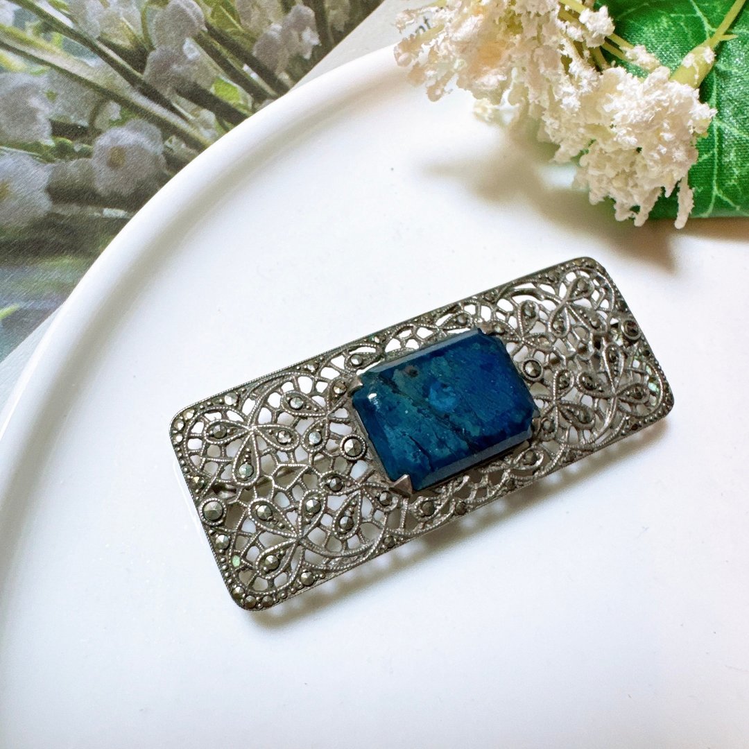【西洋古董饰品】欧洲百年 1920 Art Deco 纯银铁矿青金石 胸针胸章 - 胸针 - 贵金属 蓝色