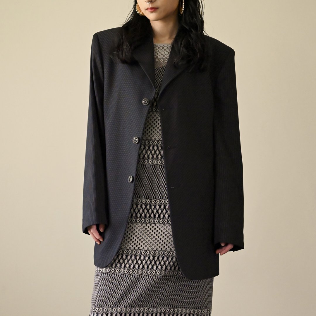 【NaSuBi Vintage】宽大轮廓条纹单襟古着西装外套 - 女装休闲/机能外套 - 其他人造纤维 