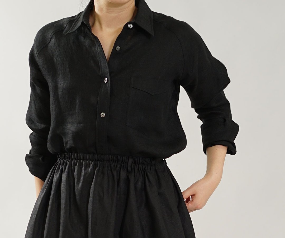 wafu Linen shirt / tops / long sleeve / double gauze / black  t035b-bck2 - 女装衬衫 - 棉 黑色