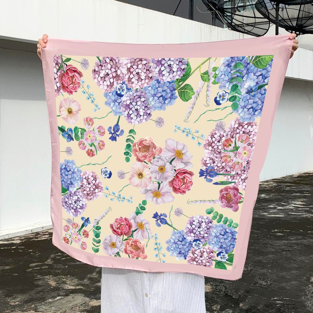 Scarf : silk satin ttq floral scarf : Beige - 丝巾 - 聚酯纤维 粉红色