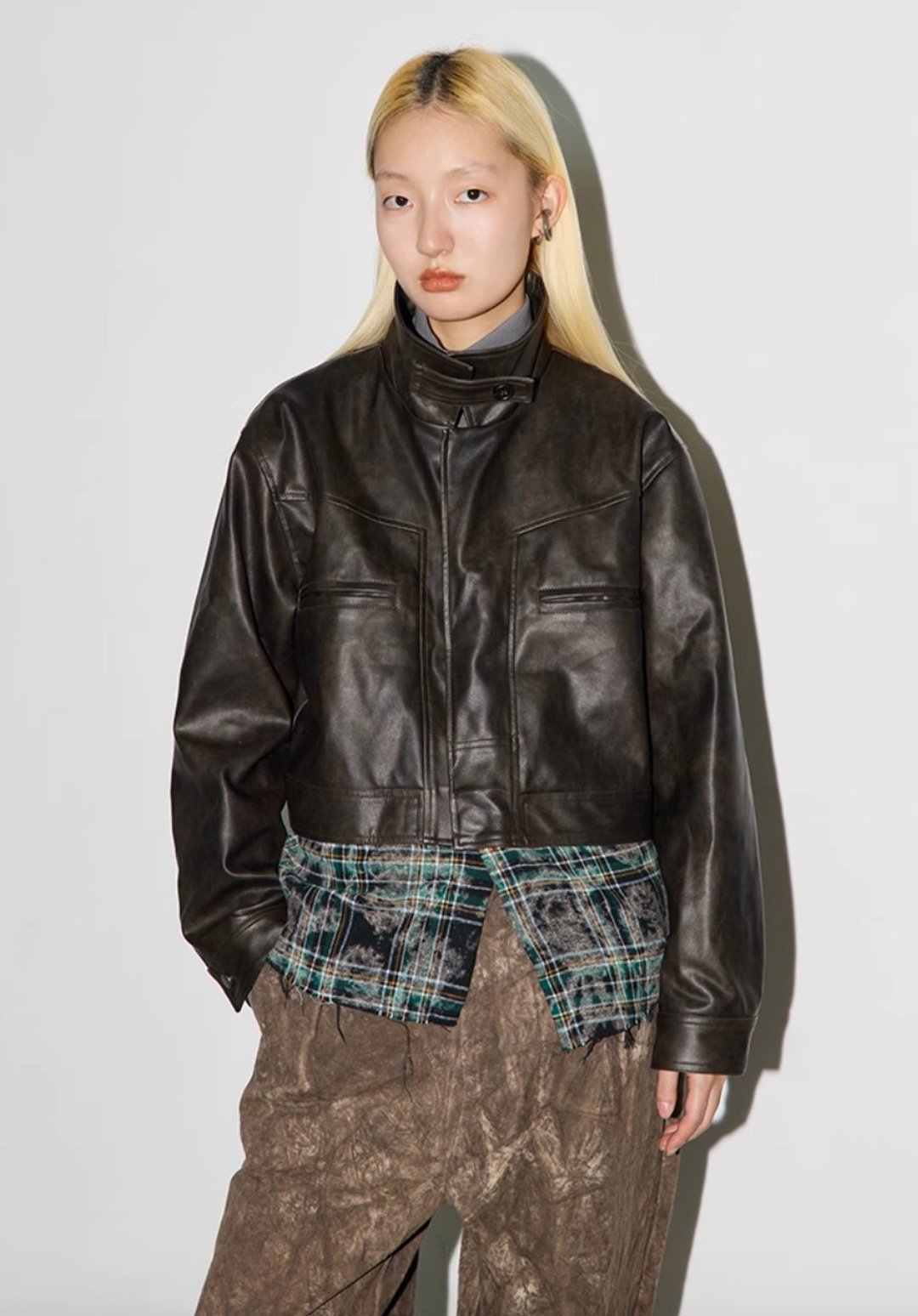 Patchwork Leather Jacket 假两件拼接款皮衣外套 - 女装休闲/机能外套 - 其他材质 咖啡色