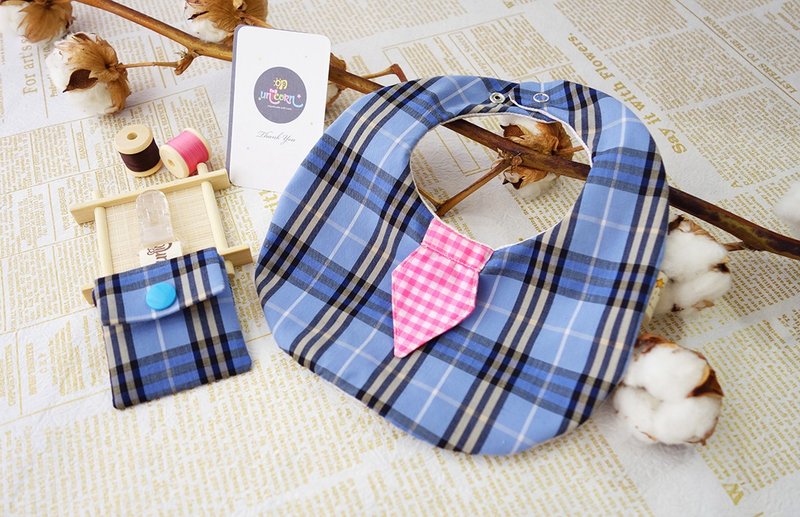 绅士领带弥月礼盒组-帅到底-手工限量制作、平安符袋、平安符夹、护身符、沙发兜、口水兜、口水巾-明-unicorn - 围嘴/口水巾 - 棉．麻 蓝色