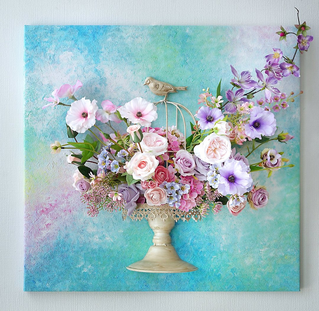 3D 墙面艺术品 花间羽梦 家居布置设计 仿真花结合画 送礼 花画 - 墙贴/壁贴 - 其他材质 蓝色