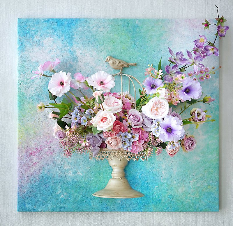 3D 墙面艺术品 花间羽梦 家居布置设计 仿真花结合画 送礼 花画 - 墙贴/壁贴 - 其他材质 蓝色