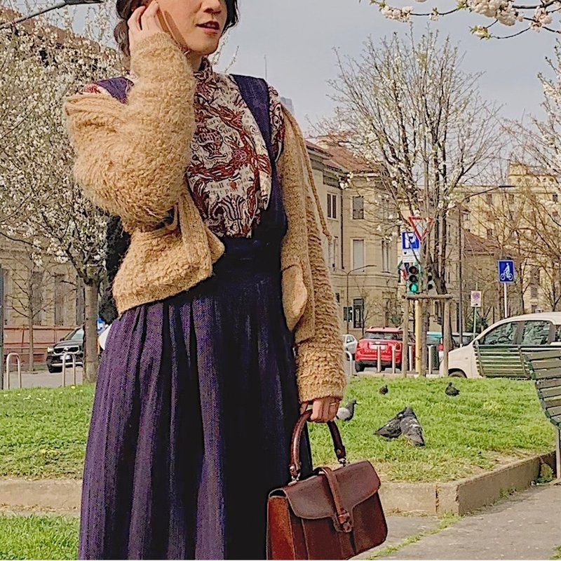 欧洲古着 意大利制 Sonia Rykiel 绑带 咖啡与黑色羊毛外套 - 女装针织衫/毛衣 - 羊毛 咖啡色