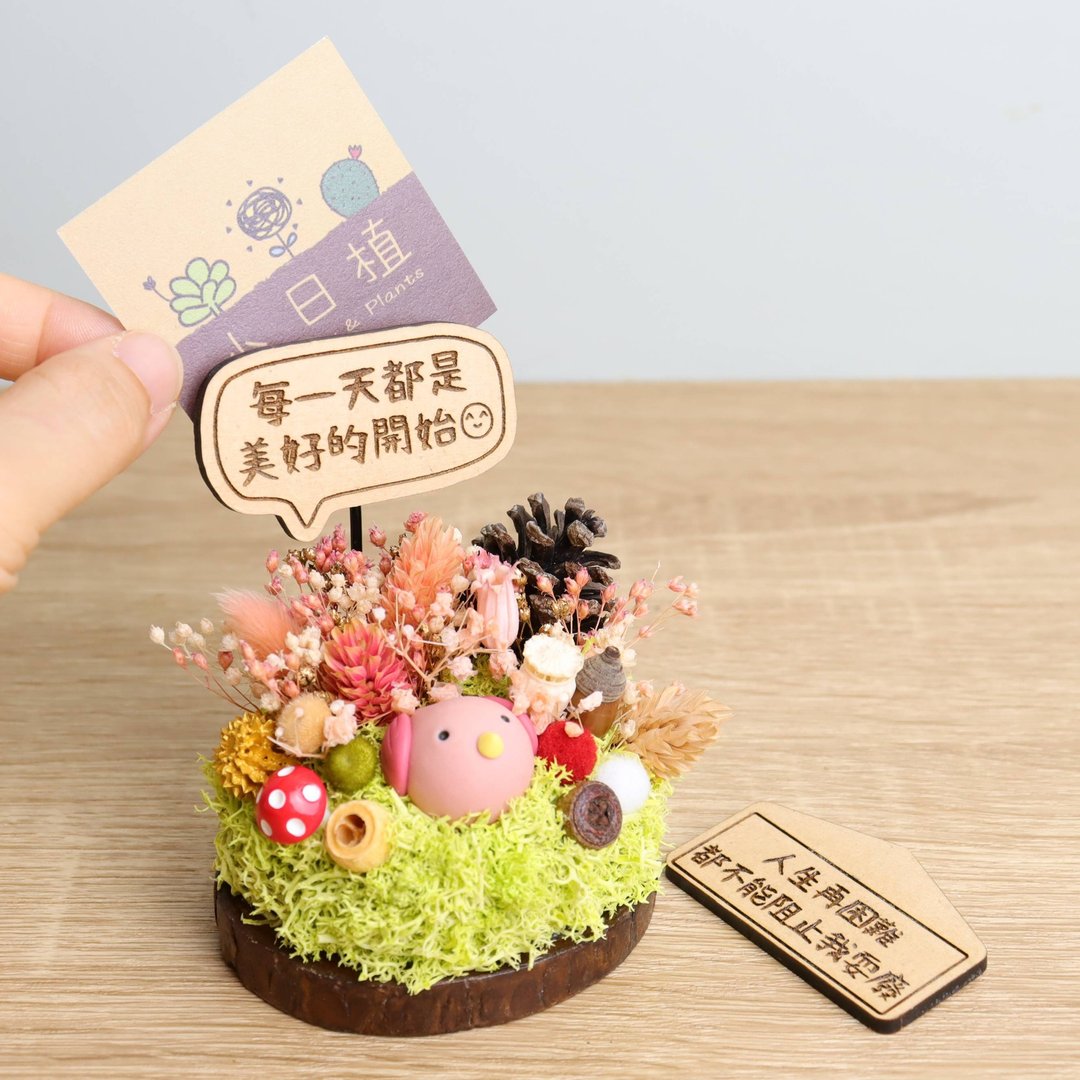 现货-小粉鸟 干燥花名片盆栽 字牌定制 生日离职圣诞交换礼物花礼 - 名片架/名片座 - 木头 粉红色