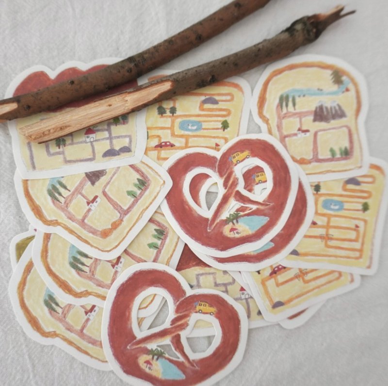 麵包地圖 塩系蠟筆畫 手帳飾り 異形切割 便簽套組 - 纸胶带 - 纸 多色