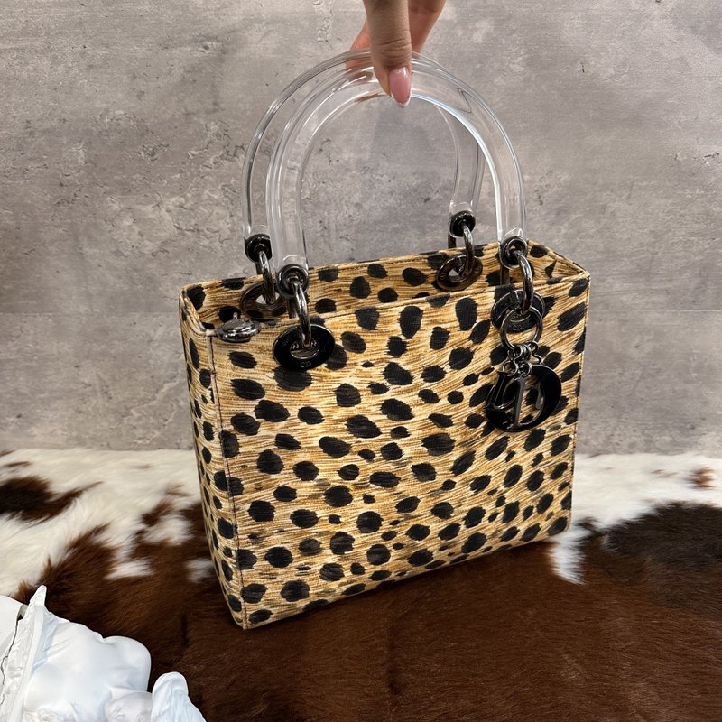 Dior 迪奥 Lady Dior 豹纹款 Lucite 压克力手把 手提包 - 手提包/手提袋 - 真皮 金色