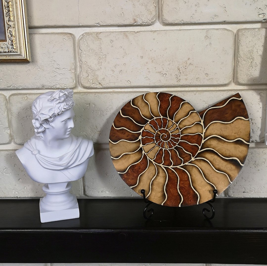 Ammonite wooden mosaics home decor, fossil lover gift, shell marquetry - 墙贴/壁贴 - 木头 多色