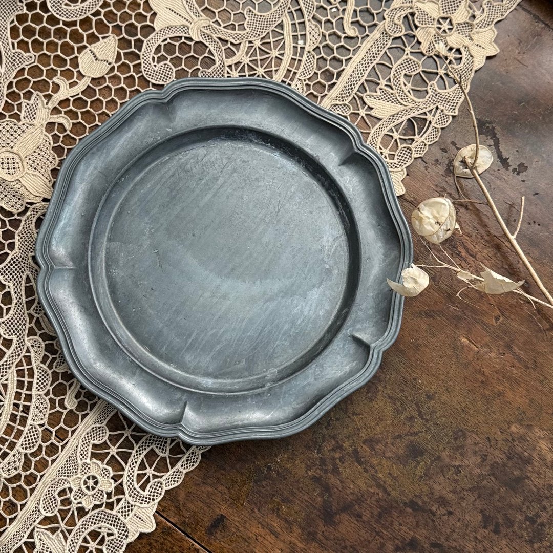 50257-质朴法国古董波纹边缘锡盘挂盘22cm - 盘子/餐盘/盘架 - 其他金属 