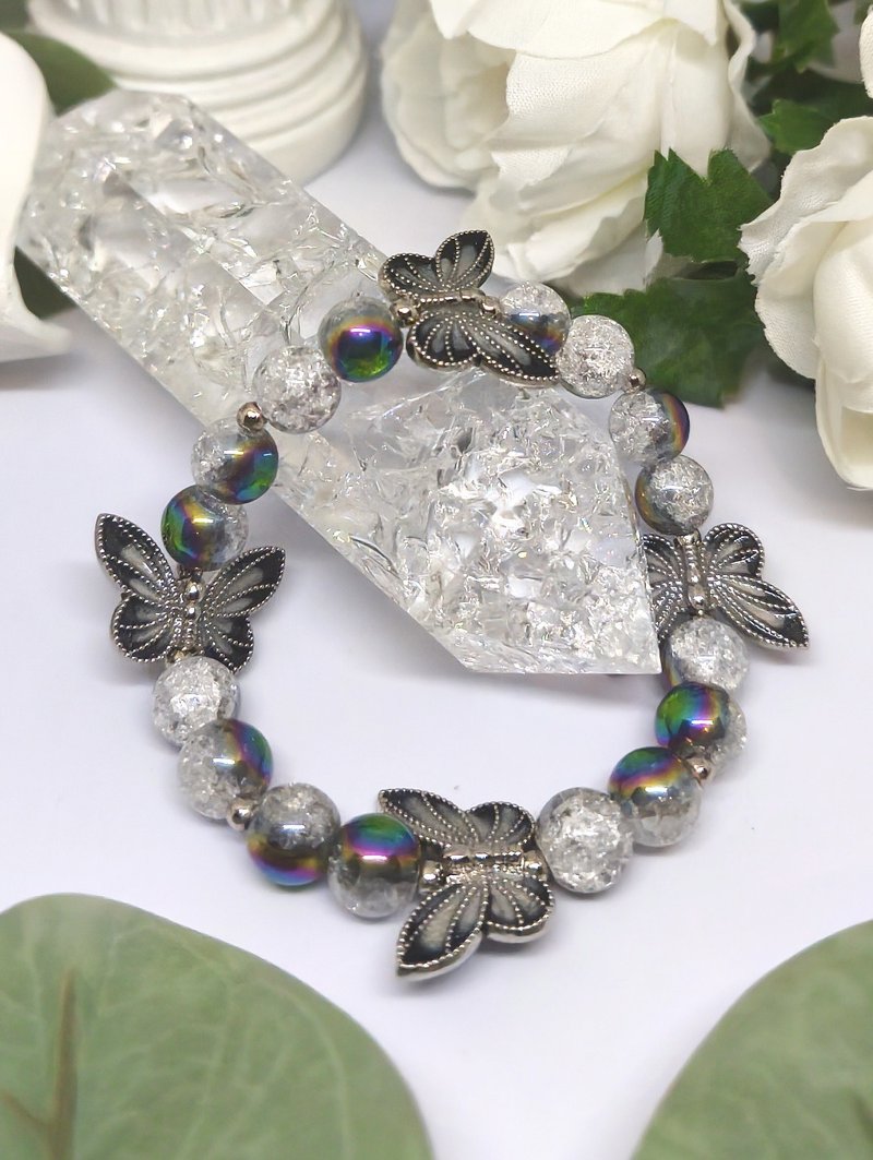 渐变色龙鳞纹理半透明玻璃珠与灰色蝴蝶串饰手链 - 手链/手环 - 玻璃 灰色