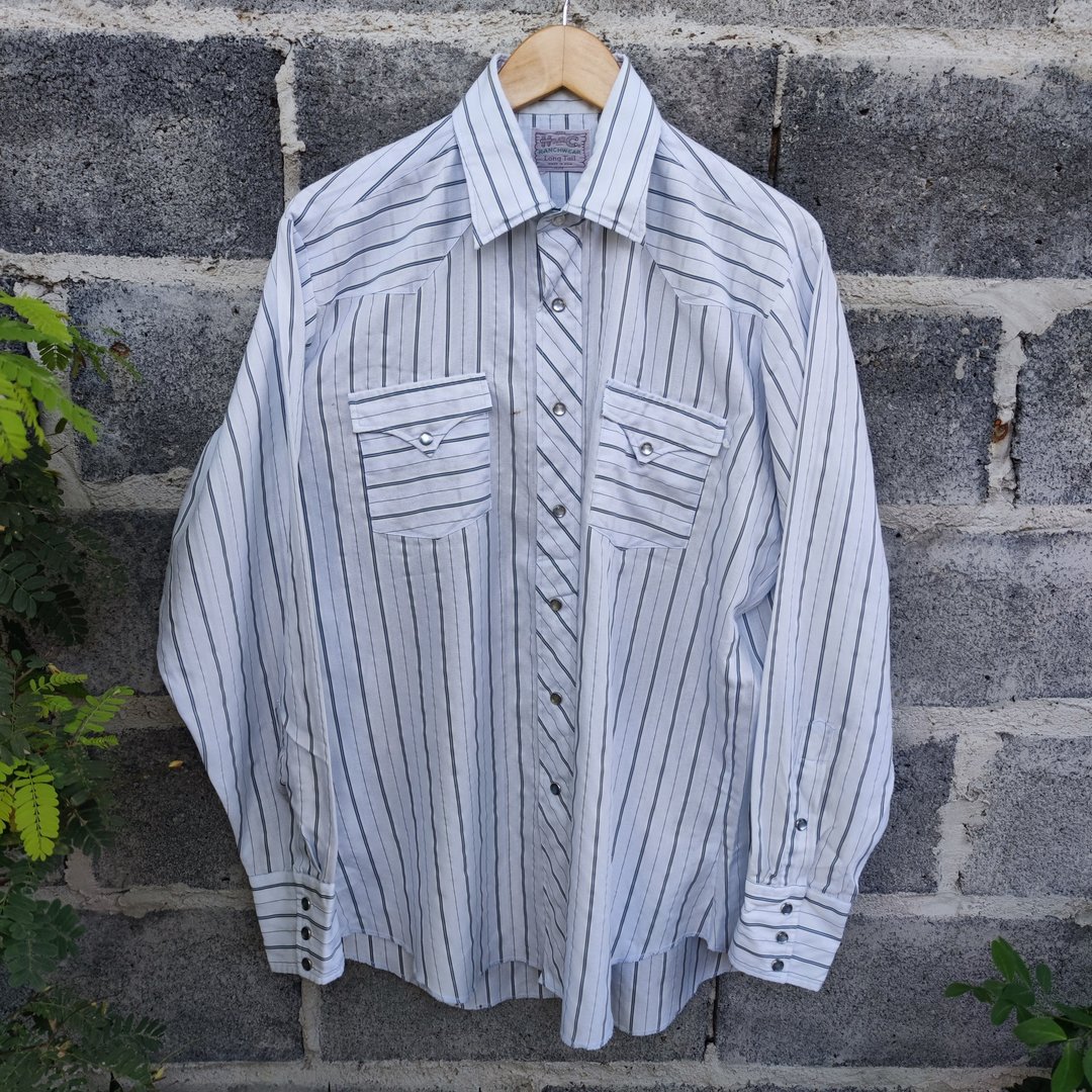Vintage 70s H Bar C Striped Western Rodeo Shirt USA - 男装衬衫 - 聚酯纤维 白色