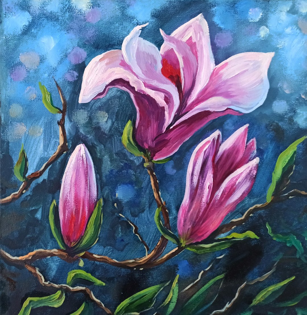 粉红色木兰花绘画花卉原创艺术鸢尾花油画帆布 30x30 厘米 - 海报/装饰画/版画 - 其他材质 多色