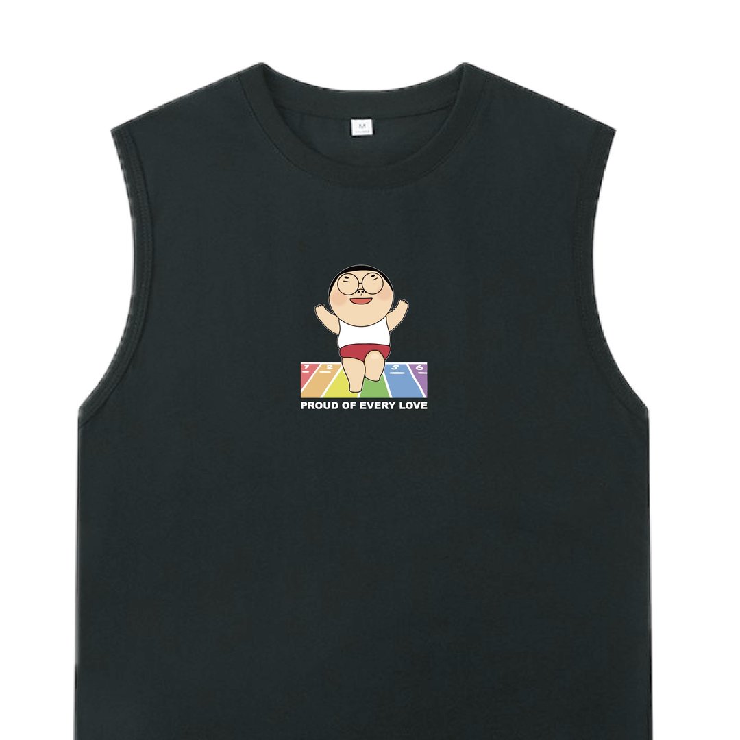 彩虹路跑 黑 / 插画背心  VEST  夏季背心 纯棉 上衣 - 男装上衣/T 恤 - 棉 黑色