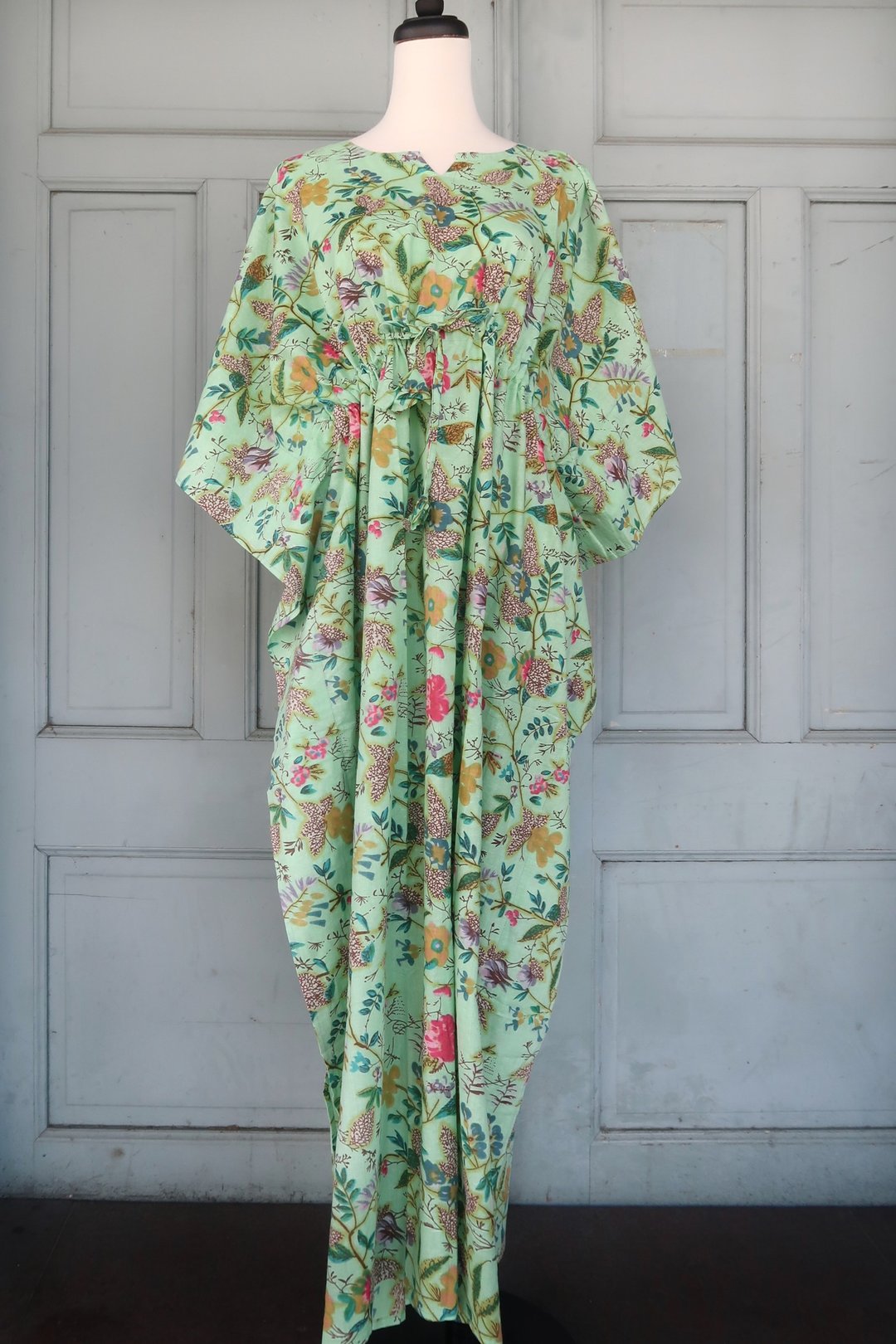 印度/斋浦尔/波希米亚/手工盖印/蝴蝶衣长洋装Kaftan - 洋装/连衣裙 - 棉 绿色