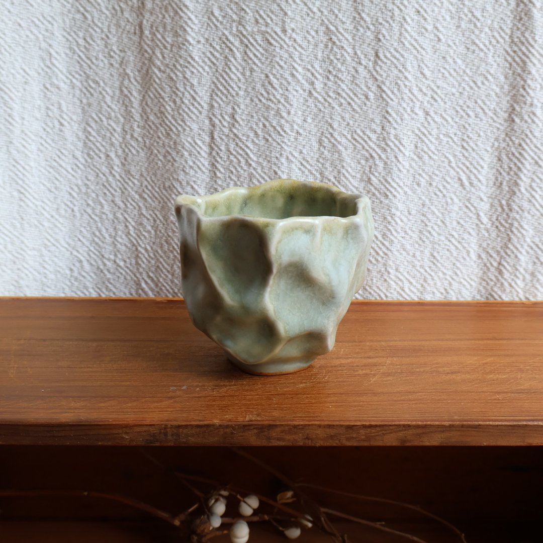 山形 柴烧陶手捏茶杯 - 其他杯子 - 陶 绿色