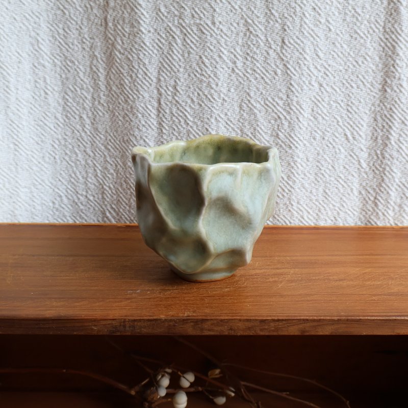山形 柴烧陶手捏茶杯 - 其他杯子 - 陶 绿色