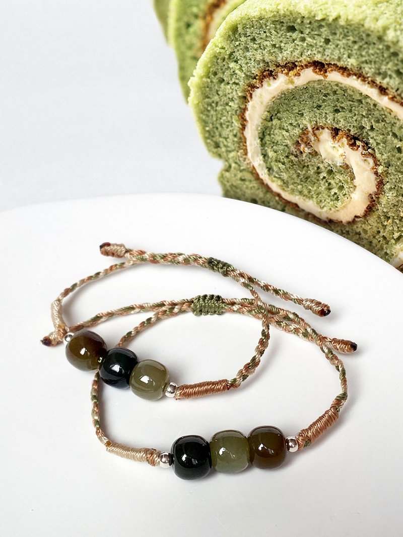 红豆抹茶和田玉编织手链||和田玉/水晶 - 手链/手环 - 玉石 卡其色