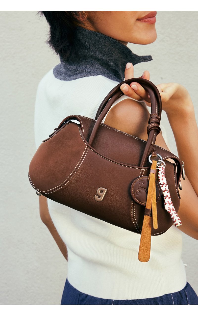 鸳鸯棕 小号棒球波士顿包 牛皮真皮包 手提肩背腋下包 KUNOGIGI - 侧背包/斜挎包 - 真皮 咖啡色