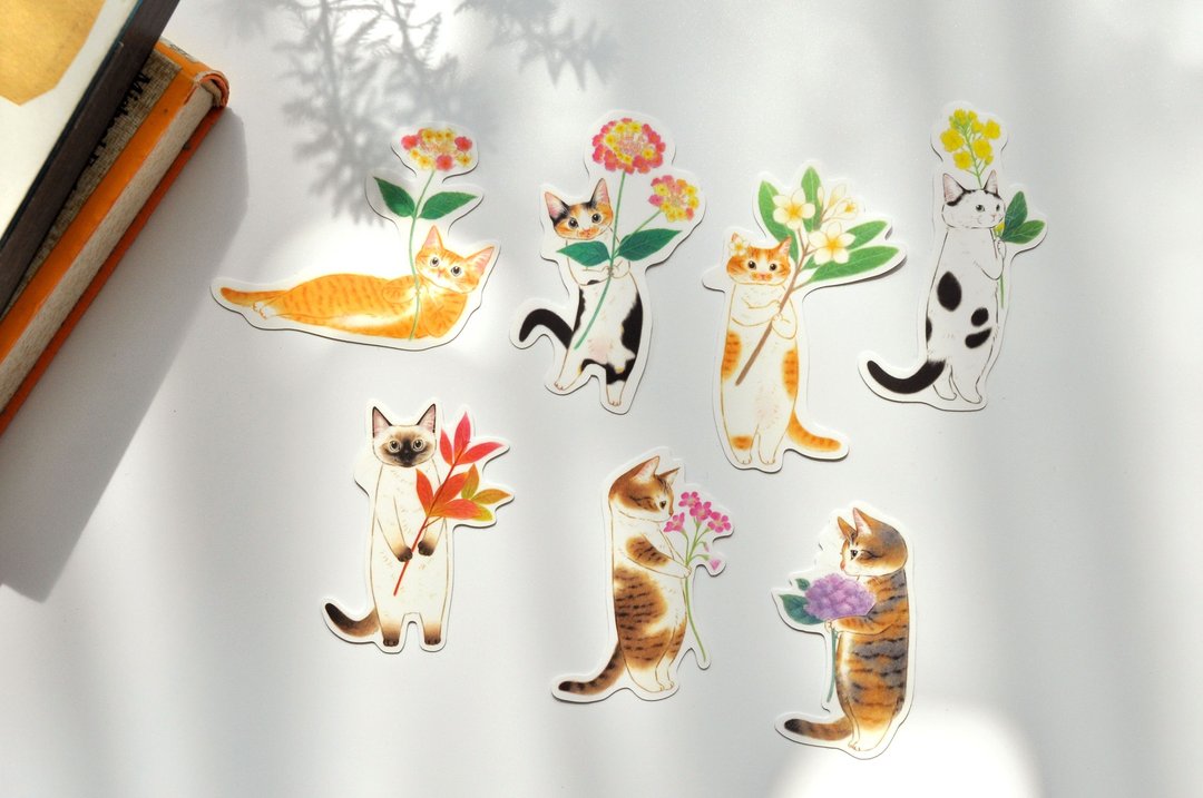 手绘插画猫咪-防水贴纸(M) - 贴纸 - 纸 白色