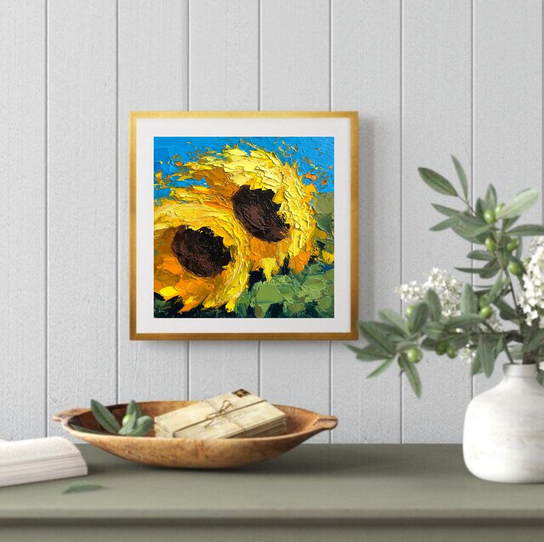 Original Sunflower Oil Painting On Canvas Flowers Textured Impasto Artwork - 墙贴/壁贴 - 棉．麻 多色