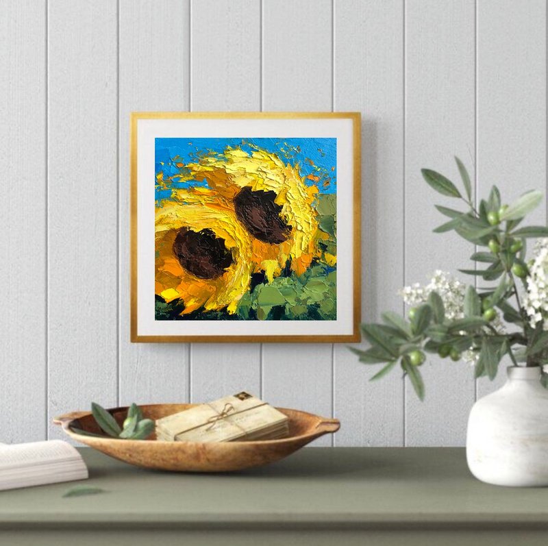 Original Sunflower Oil Painting On Canvas Flowers Textured Impasto Artwork - 墙贴/壁贴 - 棉．麻 多色