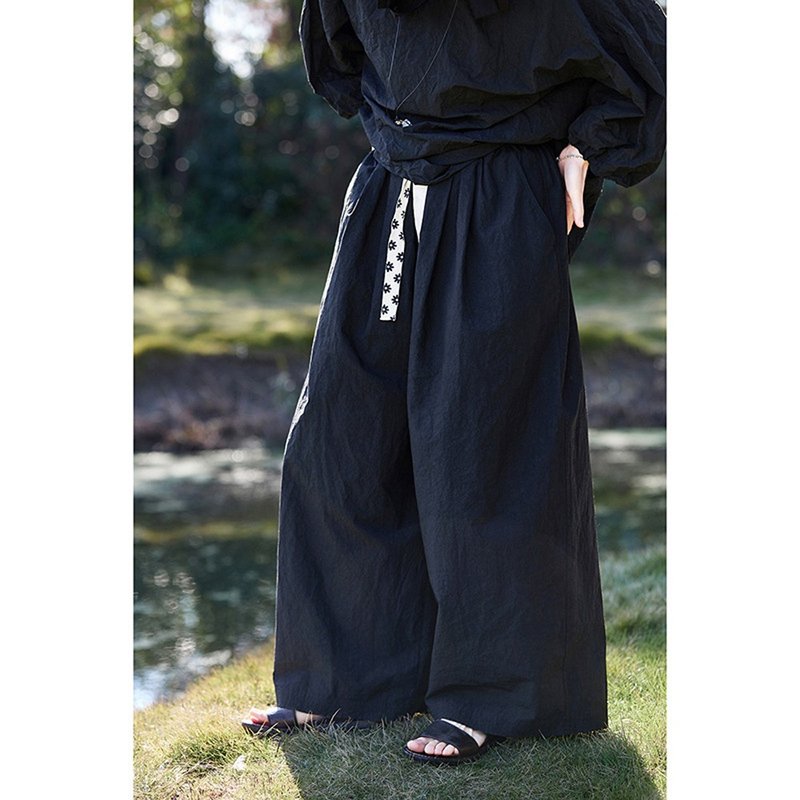黑色棉麻轻薄宽松阔腿裤 - 女装长裤 - 棉．麻 