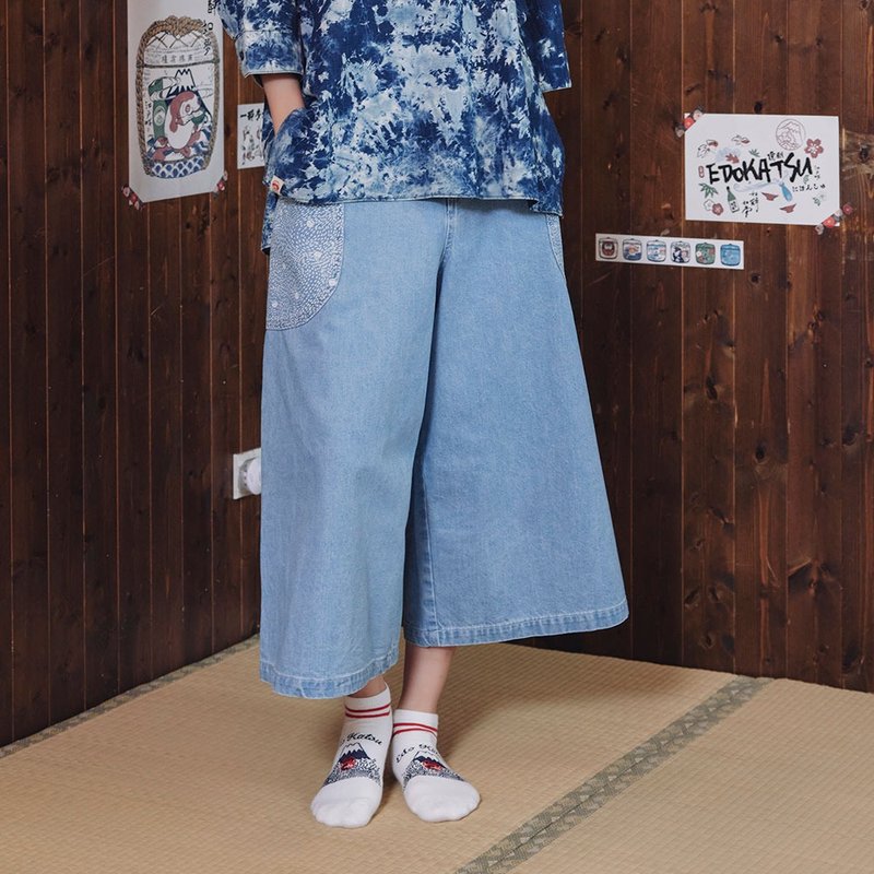 江户胜 日系 女款 斜口袋拔色宽直筒裤(重漂蓝) #裤子#宽裤 - 女装长裤 - 棉 蓝色