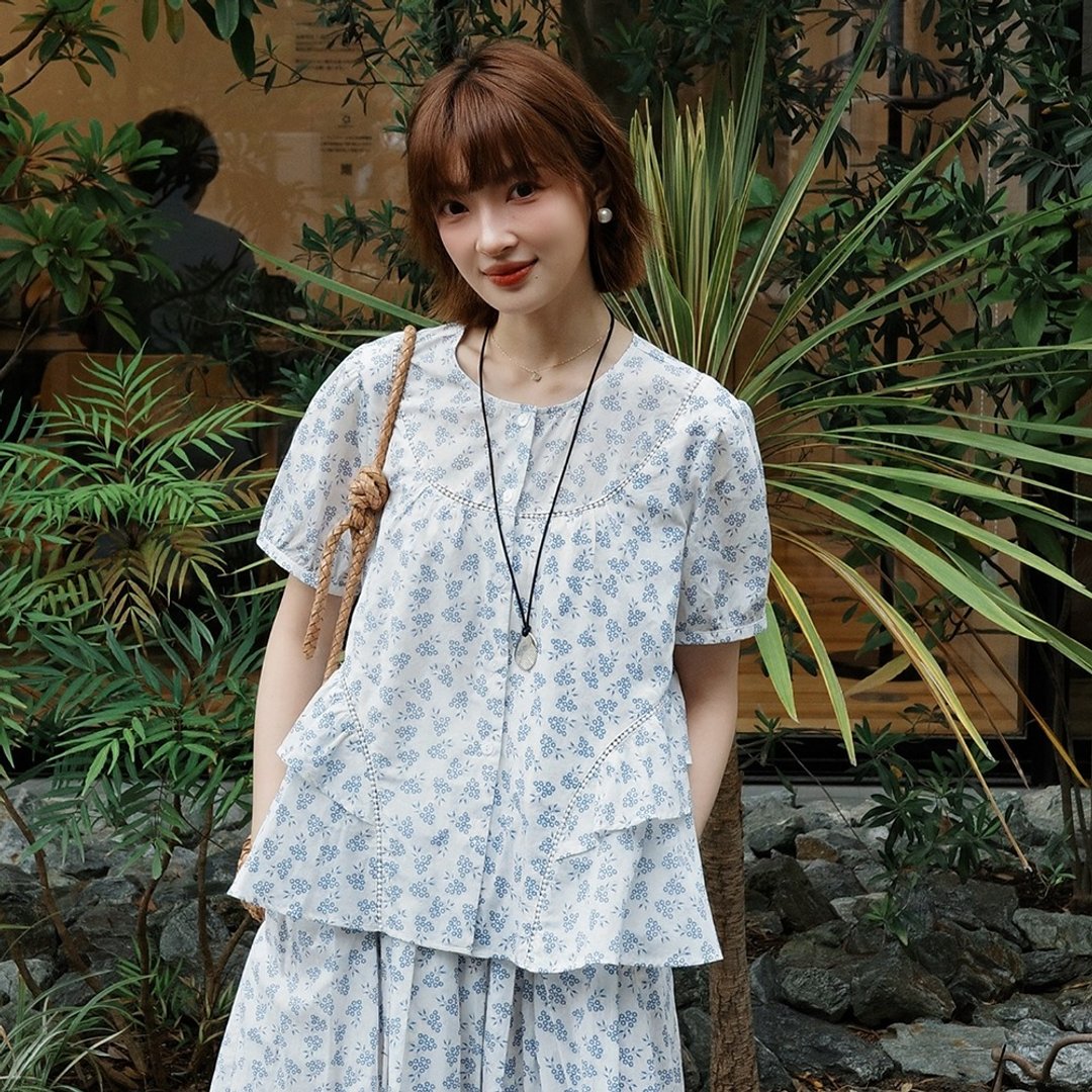 圆领碎花小衫半裙套装 | 衬衫 | 裙子 | 两色 | 夏款|Sora-2142 - 女装衬衫 - 棉 多色
