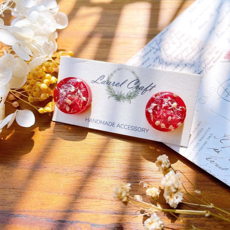 莫兰迪色系 酒红 碎花 大款 925纯银针耳环/无痛耳夹 - 耳环/耳夹 - 植物．花 红色