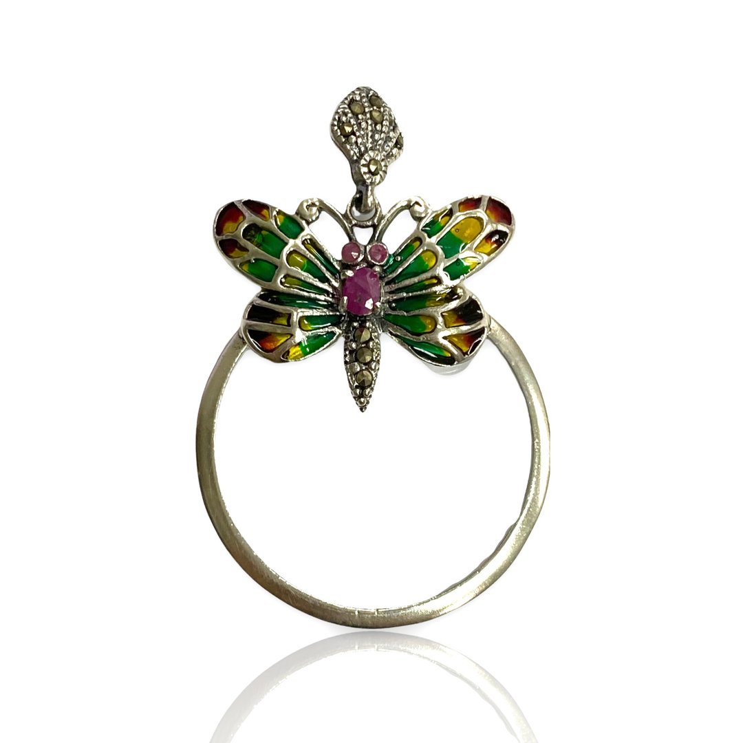 Art Nouveau Enamel Butterfly Magnifying Glass Loop Pendant 925 Sterling Silver - 其他 - 纯银 银色