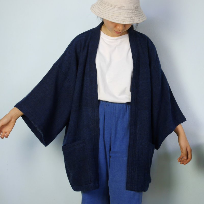 Handwoven cotton  Kimono... (Blue-Black) - 女装休闲/机能外套 - 棉．麻 蓝色