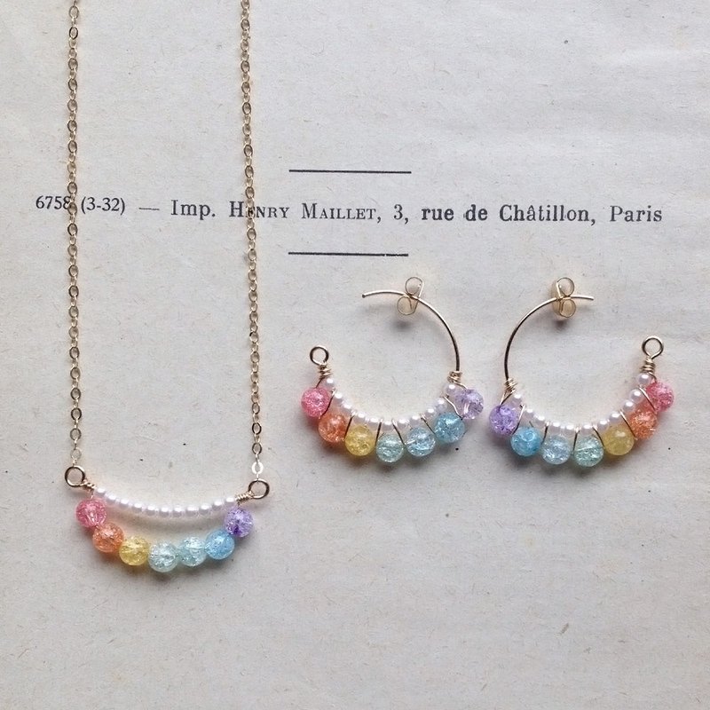 Goody Bag/14kgf colorCrystal and Vintage Pearl Necklace & Hoop Earring Set - 耳环/耳夹 - 宝石 多色