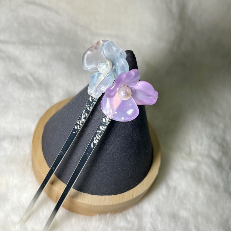 月季花丨两朵异色丨银色发簪 - 发饰 - 琉璃 多色