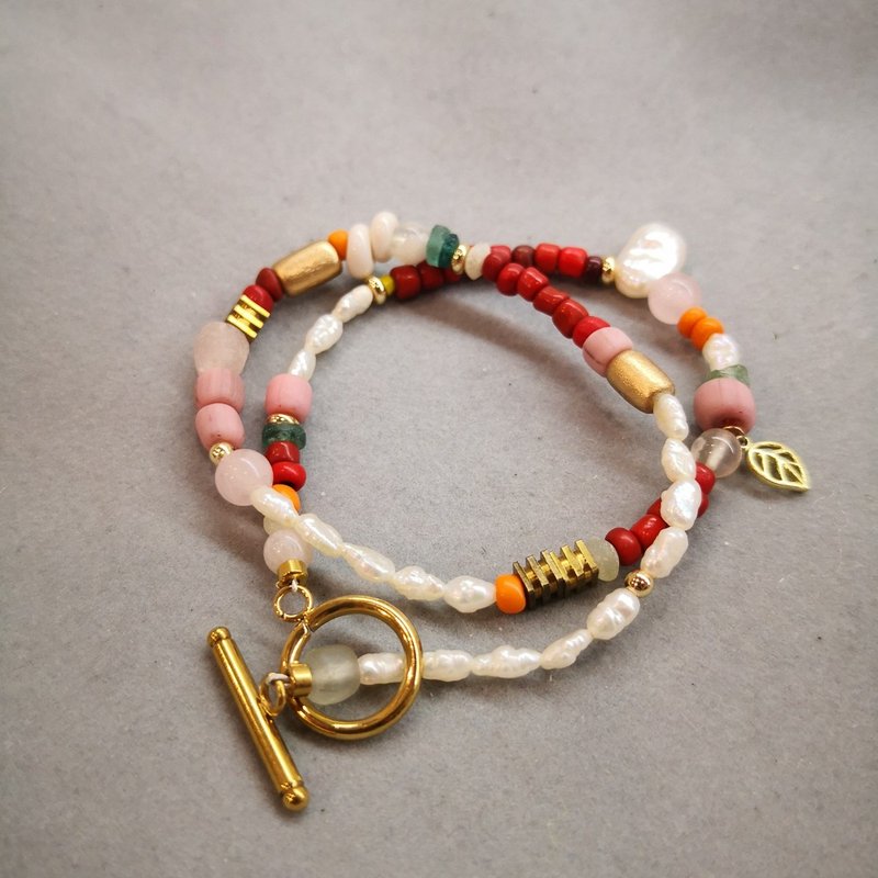 手工独家串珠双圈手链 琉璃珠 贸易珠 珍珠 天然石 红色  粉红 - 项链 - 宝石 红色