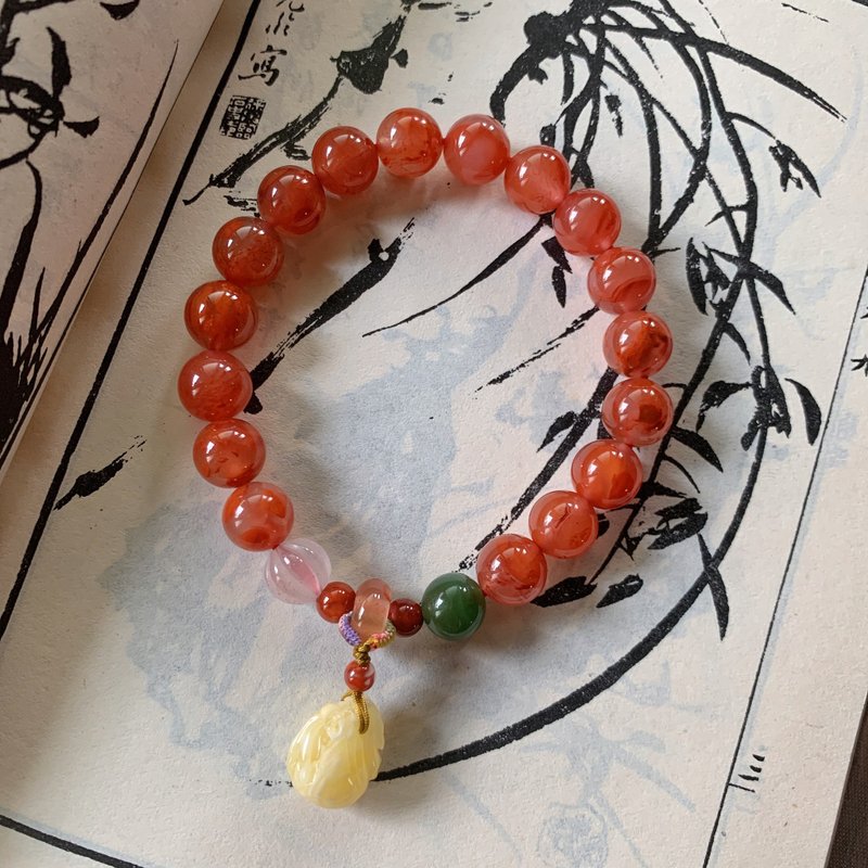 客制化//天然冰飘南红9+mm手链 蜜蜡福袋荔枝冻南瓜珠 碧玉手串 - 手链/手环 - 玉石 多色