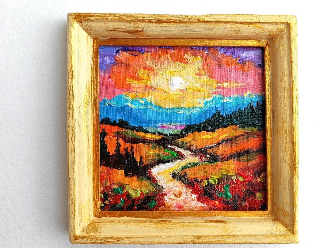 生动风景画原创油画路夕阳8乘8厘米 - 海报/装饰画/版画 - 其他材质 多色