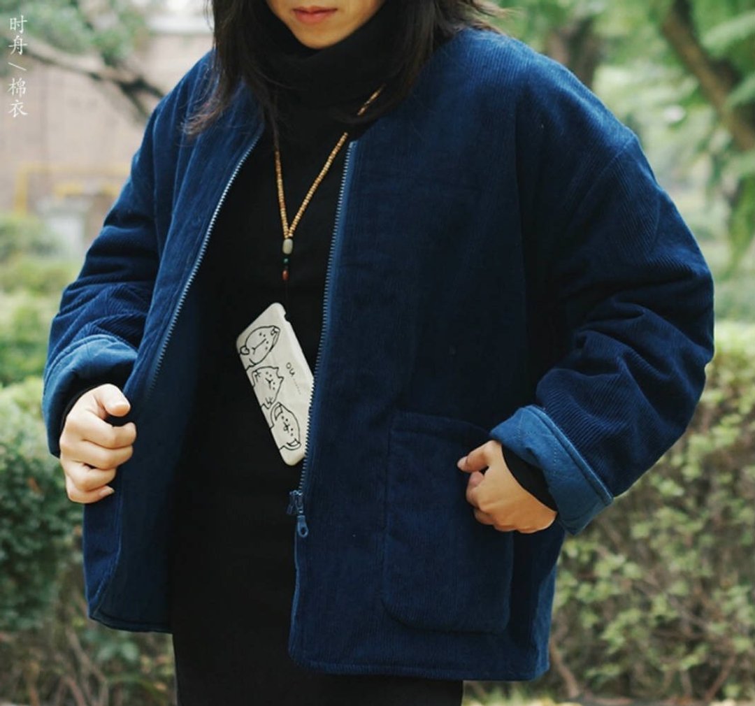 植物藍靛染 M65 liner 中性工裝棉服 厚燈芯絨男女同款绗縫棉衣 - 女装休闲/机能外套 - 棉 蓝色