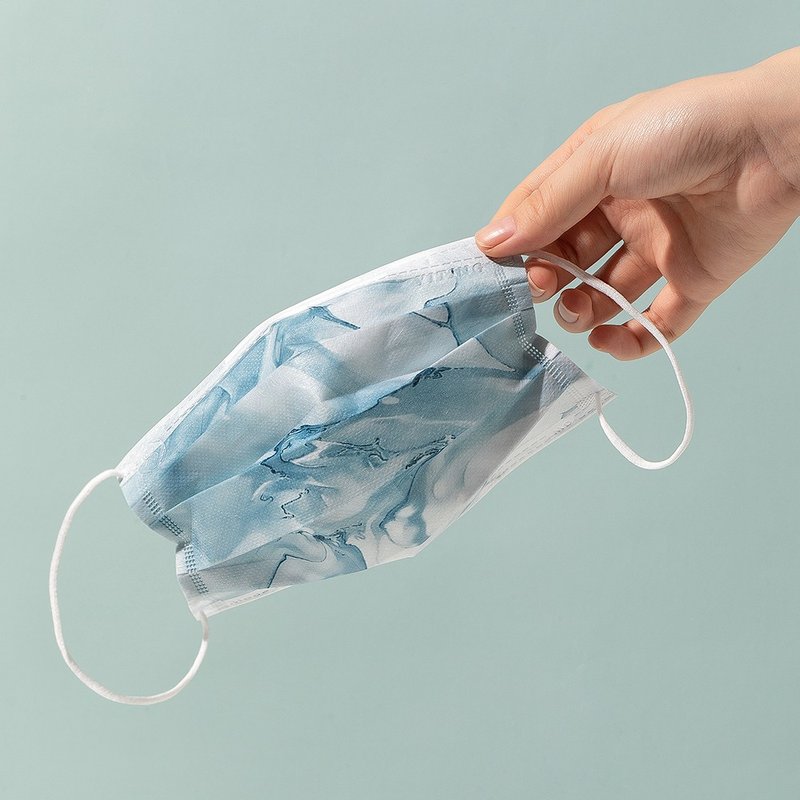 一心一罩 成人平面医用口罩 - 大理石系列-蓝色贝石纹(30入/盒) - 口罩 - 聚酯纤维 蓝色