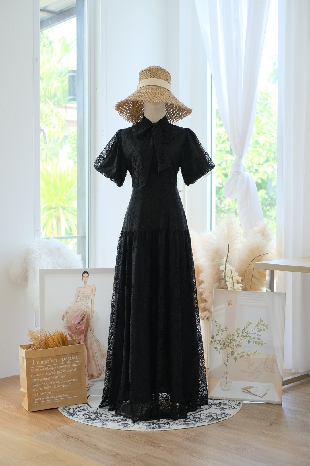 长洋装 泡泡袖 伴娘服 复古洋装 - 洋装/连衣裙 - 聚酯纤维 黑色