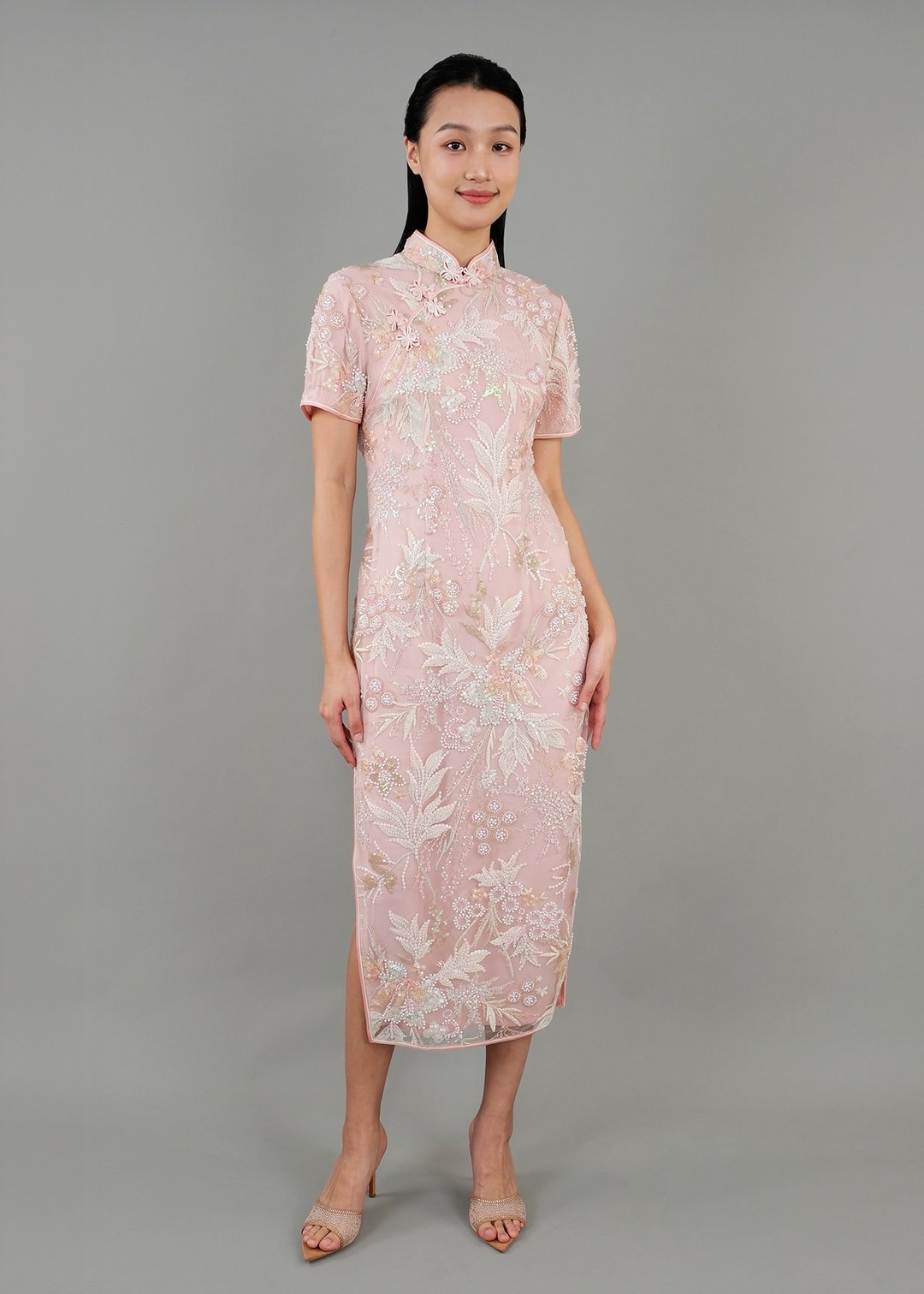 短袖蕾丝旗袍 (绯红色) | 晚装礼服 | 高档旗袍 - 旗袍 - 其他材质 粉红色