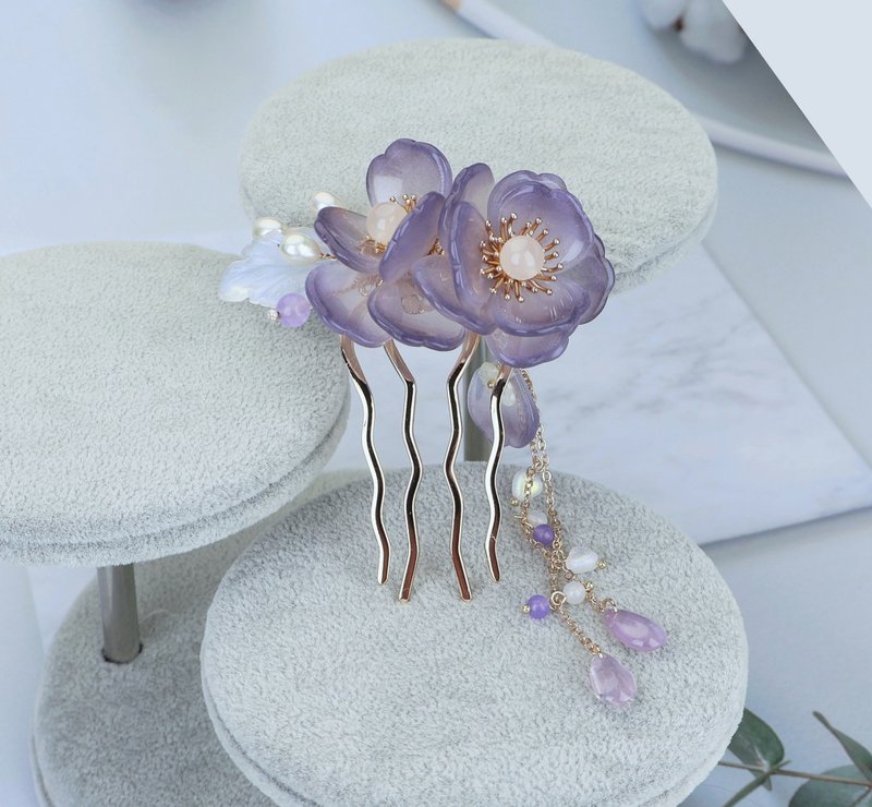 紫芍药发钗/发夹  (两色/流苏可拆) - 发饰 - 琉璃 紫色