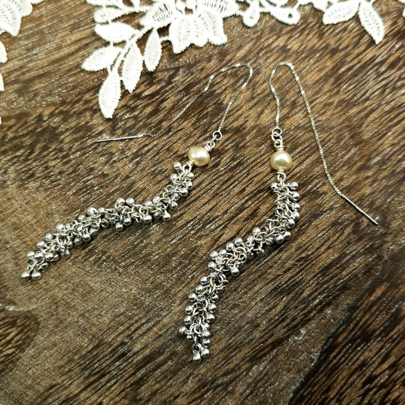 耳环 珍珠 银珠 925银饰 长坠式 手工 饰品 - 耳环/耳夹 - 宝石 