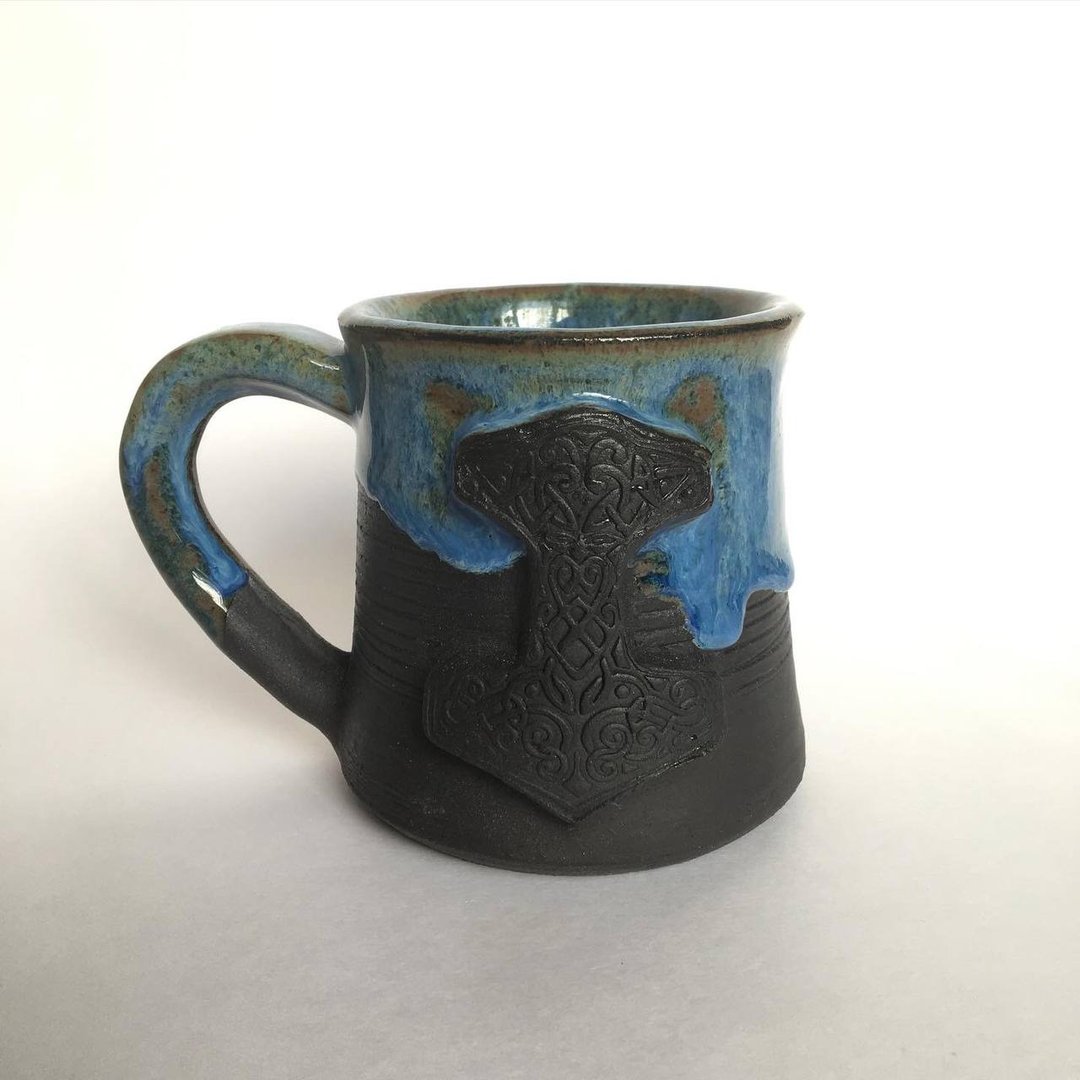 Thor Hammer Mjolnir black and blue dripping stoneware mug - 咖啡杯/马克杯 - 陶 蓝色