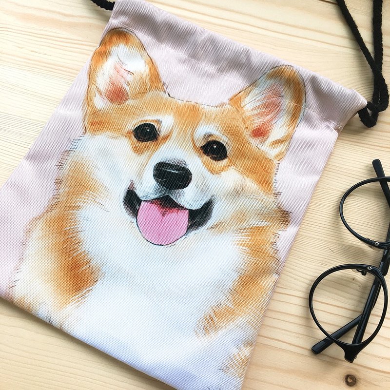 柯基加厚束口包/双面不同图案(手绘狗狗手机袋.化妆包.小包)/圣诞节礼物 - 化妆包/杂物包 - 其他材质 粉红色