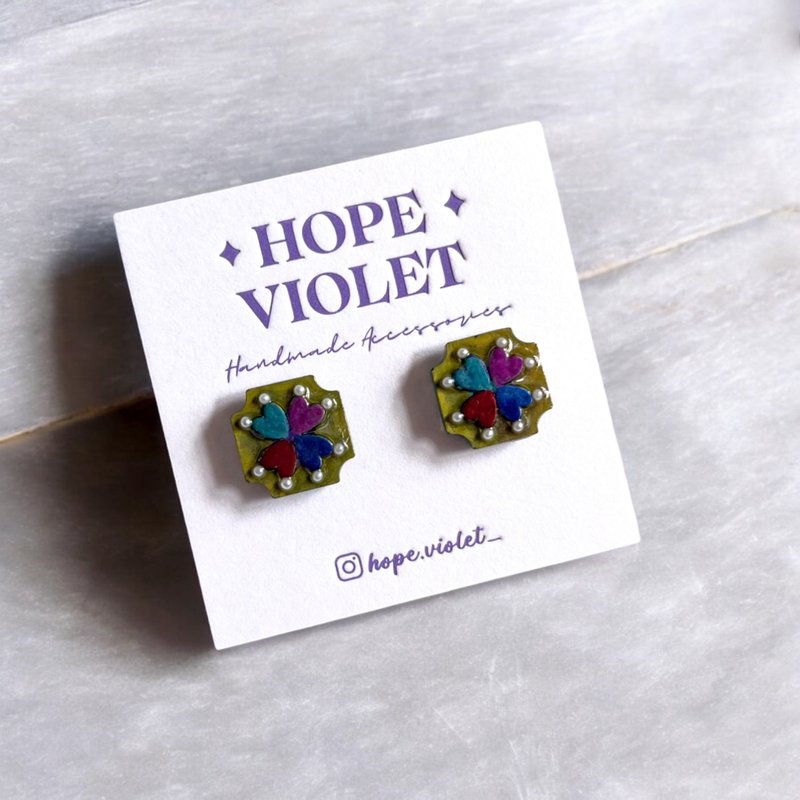 绿色金属色幸运草耳环- Green Metallic Lucky Clovers Earrings - 耳环/耳夹 - 树脂 多色
