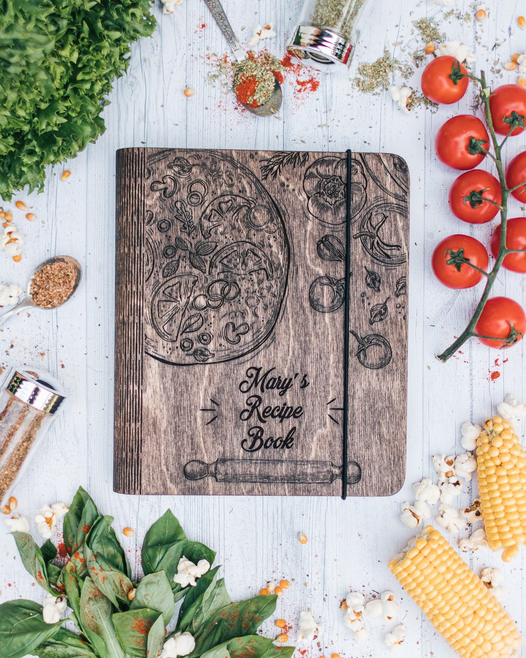 Wood Cookbook Custom Recipe Binder Journal Personalized Book Birthday Gift - 书衣/书套 - 木头 