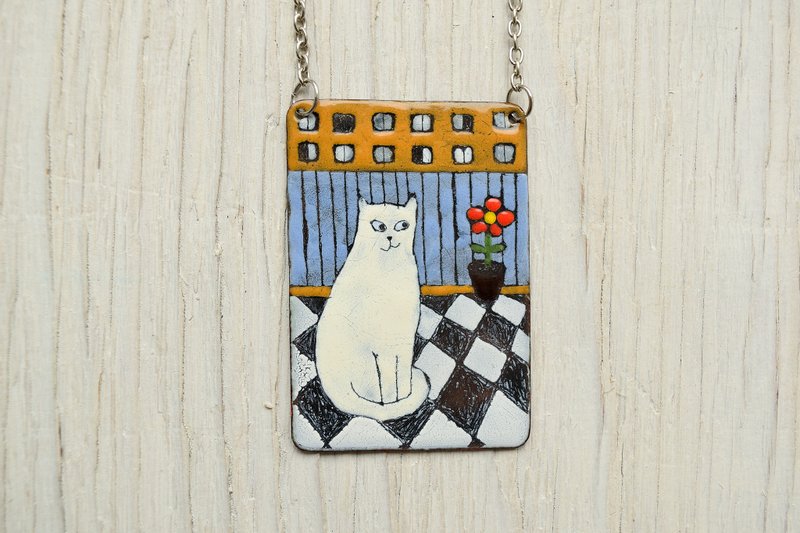 Home Sweet Home,Balcony, Flower In Pot, Cat Necklace, Enamel Necklace, White Cat - 项链 - 珐琅 