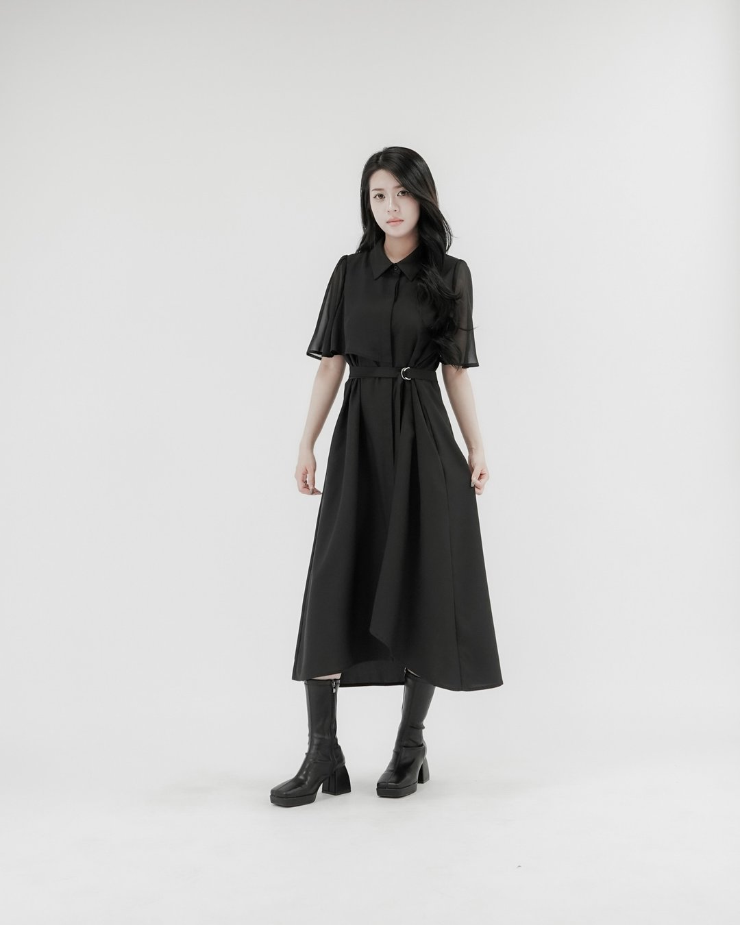 MUKK DESIGN 雪纺喇叭袖衬衫洋装 - 洋装/连衣裙 - 聚酯纤维 黑色