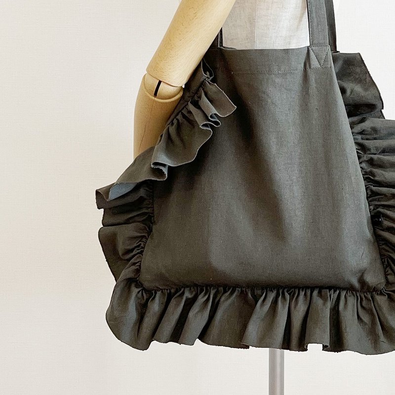Half Linen ruffle gathered regular size tote bag grayish khaki - 手提包/手提袋 - 棉 绿色